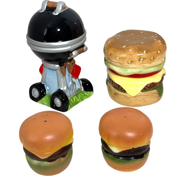 Lot of 3 Ceramic Salt Pepper Shaker Pier 1 Hamburger Backyard BBQ Grill & Burger - Picture 2 of 9